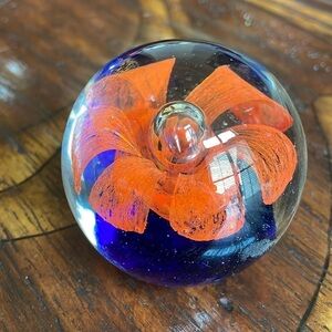 Glass Paperweight Hand Blown Orange Royal Blue Flower Round Vintage